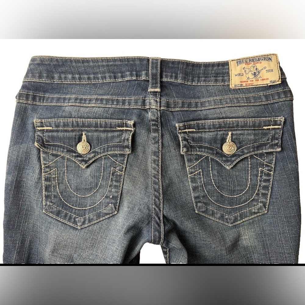 True Religion Stella Skinny w/ Flaps Jeans Low Rise Womens SZ 31 Med. Wash NOTES